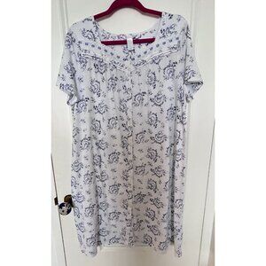 Adonna Sz XL Nightgown Blue Floral Eyelet Full Button Front Jersey House Dress